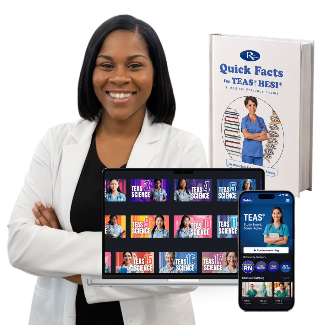 ReMar ATI TEAS review instructor with Quick Facts book, video lessons, and mobile app